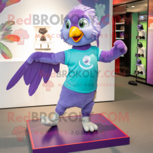 Lavender Parrot mascot costume character dressed with a Running Shorts and Keychains