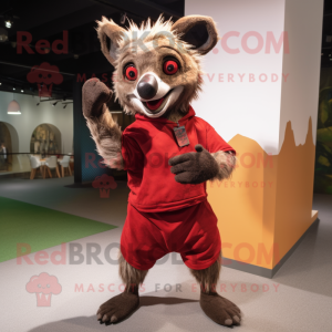 Red Hyena mascot costume character dressed with a Corduroy Pants and Wraps
