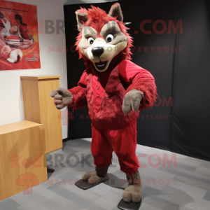 Red Hyena mascot costume character dressed with a Corduroy Pants and Wraps