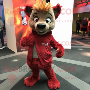 Red Hyena mascot costume character dressed with a Corduroy Pants and Wraps