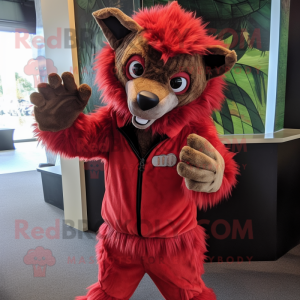 Red Hyena mascot costume character dressed with a Corduroy Pants and Wraps