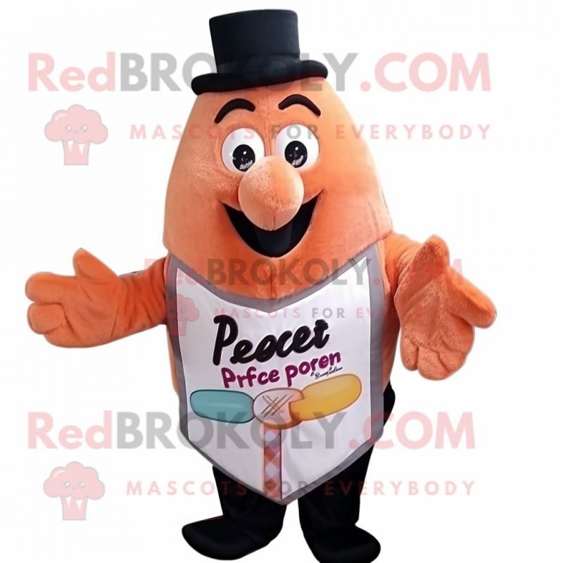 Peach Shepard'S Pie mascot costume character dressed with a Vest and Ties Peach Shepard'S Pie mascot costume character dressed with a Vest and Ties