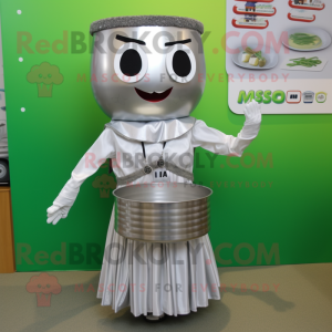 Silver Miso Soup mascot costume character dressed with a A-Line Skirt and Bracelets