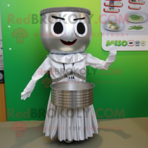 Silver Miso Soup mascot costume character dressed with a A-Line Skirt and Bracelets
