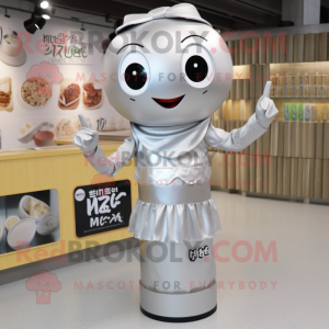 Silver Miso Soup mascot costume character dressed with a A-Line Skirt and Bracelets