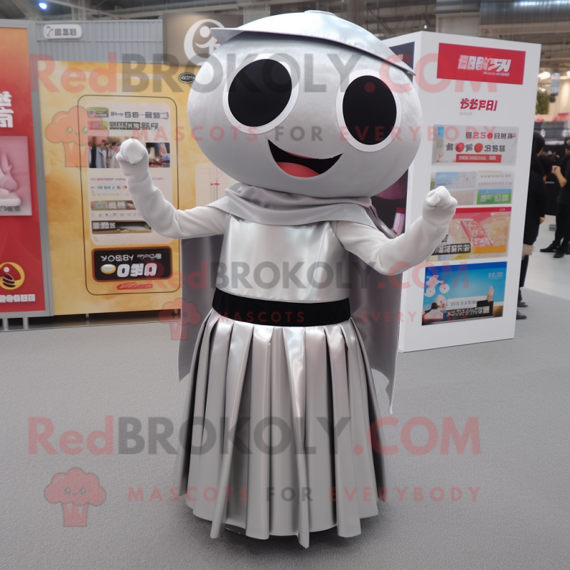 Silver Miso Soup mascot costume character dressed with a A-Line Skirt and Bracelets Silver Miso Soup mascot costume character dressed with a A-Line Skirt and Bracelets