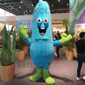 Turquoise Asparagus mascot costume character dressed with a Jeans and Keychains