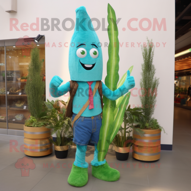 Turquoise Asparagus mascot costume character dressed with a Jeans and Keychains