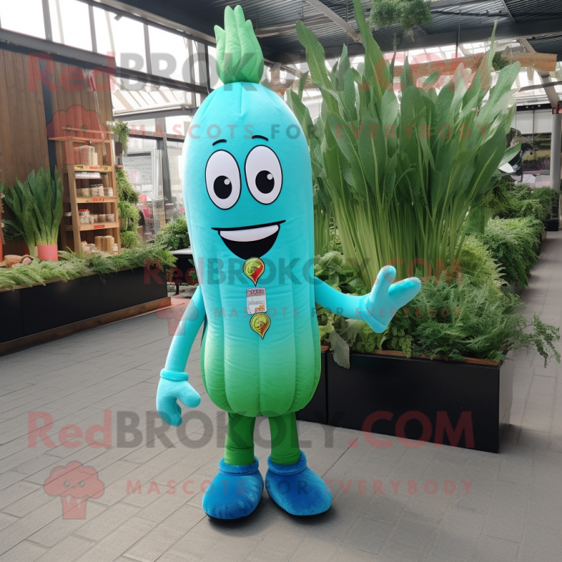 Turquoise Asparagus mascot costume character dressed with a Jeans and Keychains Turquoise Asparagus mascot costume character dressed with a Jeans and Keychains