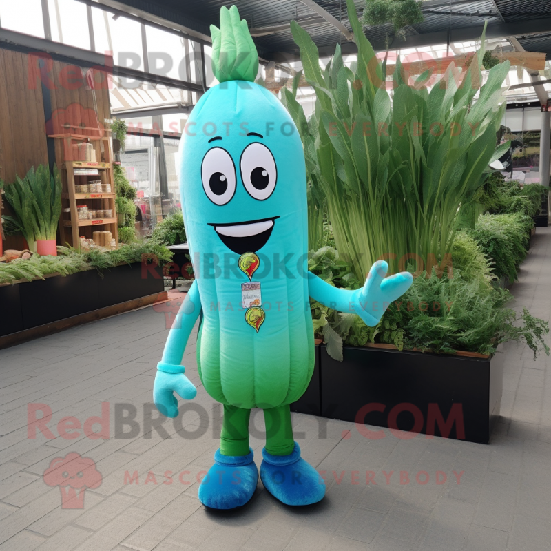 Turquoise Asparagus mascot costume character dressed with a Jeans and Keychains