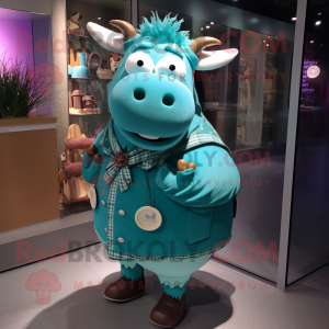 Turquoise Beef Wellington mascot costume character dressed with a Cardigan and Brooches