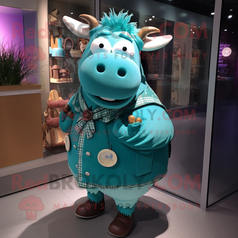 Turquoise Beef Wellington mascot costume character dressed with a Cardigan and Brooches Turquoise Beef Wellington mascot costume character dressed with a Cardigan and Brooches