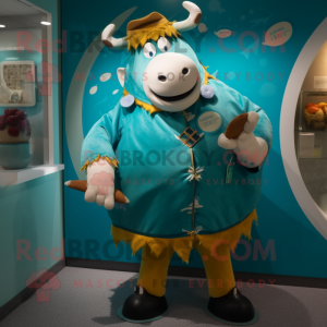 Turquoise Beef Wellington mascot costume character dressed with a Cardigan and Brooches