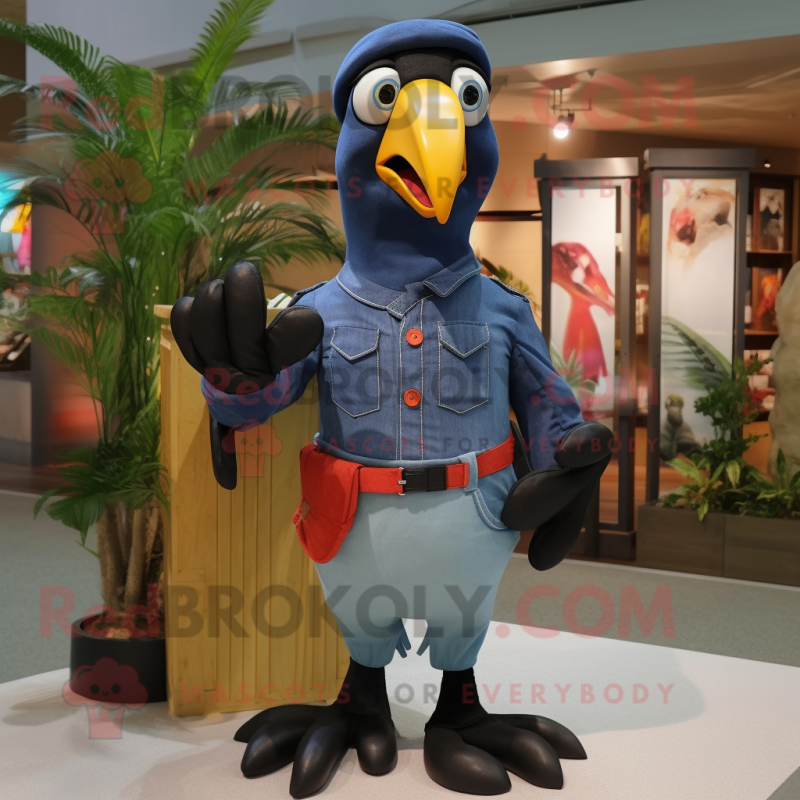 Navy Toucan mascot costume character dressed with a Denim Shirt and Gloves