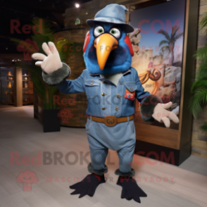 Navy Toucan mascot costume character dressed with a Denim Shirt and Gloves