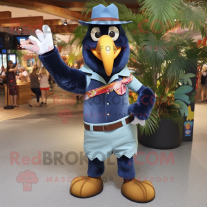 Navy Toucan mascot costume character dressed with a Denim Shirt and Gloves