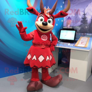 Red Reindeer mascot costume character dressed with a Pencil Skirt and Anklets