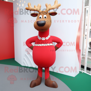 Red Reindeer mascot costume character dressed with a Pencil Skirt and Anklets