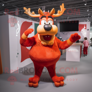 Red Reindeer mascot costume character dressed with a Pencil Skirt and Anklets