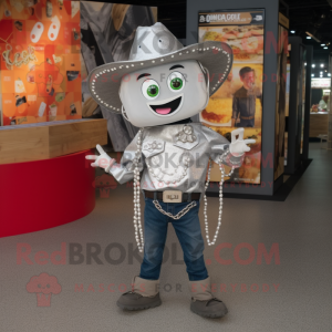 Silver Nachos mascot costume character dressed with a Dungarees and Necklaces