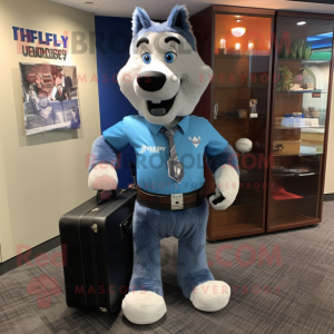 Blue Shepard'S Pie mascot costume character dressed with a Henley Shirt and Briefcases