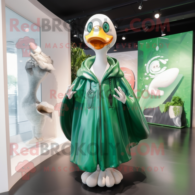 Forest Green Swan mascot costume character dressed with a Raincoat and Necklaces