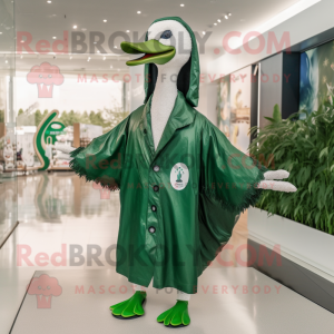 Forest Green Swan mascot costume character dressed with a Raincoat and Necklaces