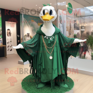 Forest Green Swan mascot costume character dressed with a Raincoat and Necklaces