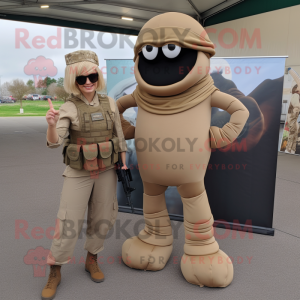 Tan Commando mascot costume character dressed with a Midi Dress and Wraps