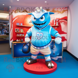 Sky Blue Tuna mascot costume character dressed with a Rugby Shirt and Handbags