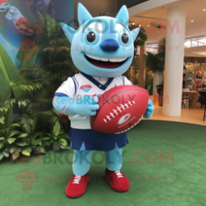 Sky Blue Tuna mascot costume character dressed with a Rugby Shirt and Handbags
