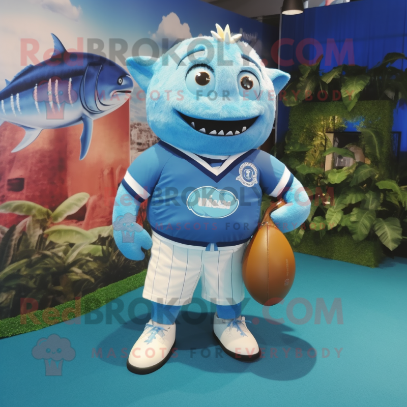 Sky Blue Tuna mascot costume character dressed with a Rugby Shirt and Handbags Sky Blue Tuna mascot costume character dressed with a Rugby Shirt and Handbags