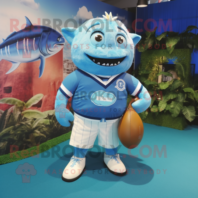 Sky Blue Tuna mascot costume character dressed with a Rugby Shirt and Handbags