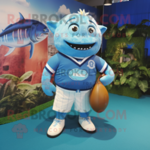 Sky Blue Tuna mascot costume character dressed with a Rugby Shirt and Handbags