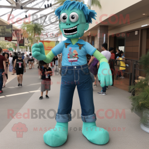 Teal Frankenstein mascot costume character dressed with a Mom Jeans and Anklets