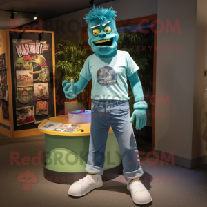 Teal Frankenstein mascot costume character dressed with a Mom Jeans and Anklets