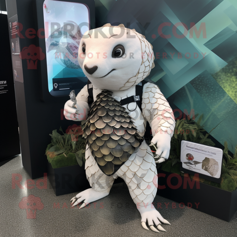 White Pangolin mascot costume character dressed with a Rash Guard and Keychains White Pangolin mascot costume character dressed with a Rash Guard and Keychains