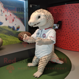 White Pangolin mascot costume character dressed with a Rash Guard and Keychains