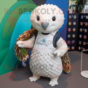White Pangolin mascot costume character dressed with a Rash Guard and Keychains