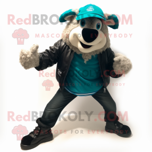 Turquoise Suffolk Sheep mascot costume character dressed with a Leather Jacket and Foot pads