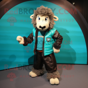 Turquoise Suffolk Sheep mascot costume character dressed with a Leather Jacket and Foot pads
