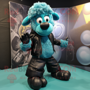 Turquoise Suffolk Sheep mascot costume character dressed with a Leather Jacket and Foot pads