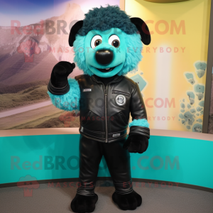 Turquoise Suffolk Sheep mascot costume character dressed with a Leather Jacket and Foot pads