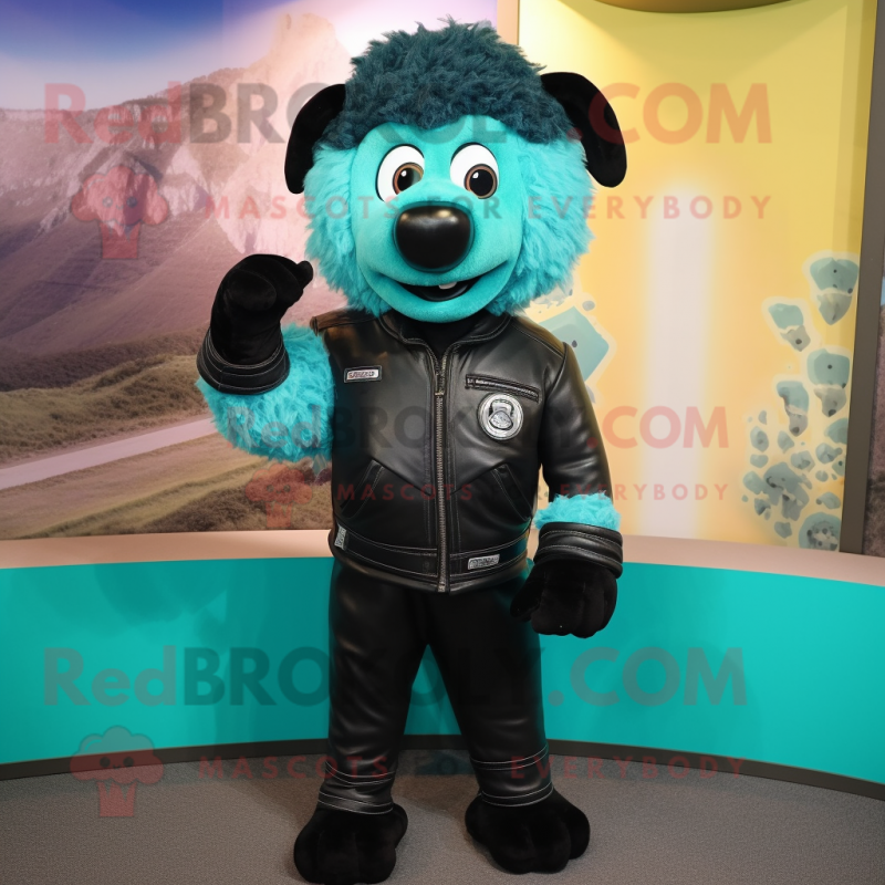 Turquoise Suffolk Sheep mascot costume character dressed with a Leather Jacket and Foot pads Turquoise Suffolk Sheep mascot costume character dressed with a Leather Jacket and Foot pads