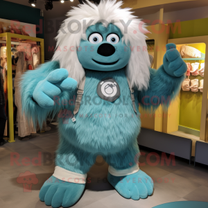 Teal Yeti mascot costume character dressed with a Dungarees and Rings