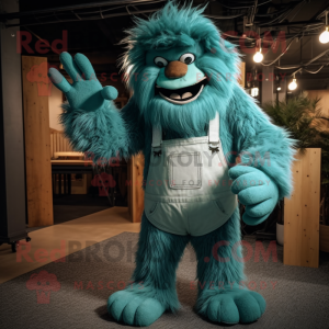 Teal Yeti mascot costume character dressed with a Dungarees and Rings