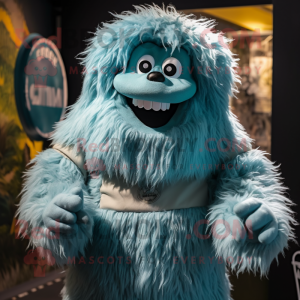 Teal Yeti mascot costume character dressed with a Dungarees and Rings
