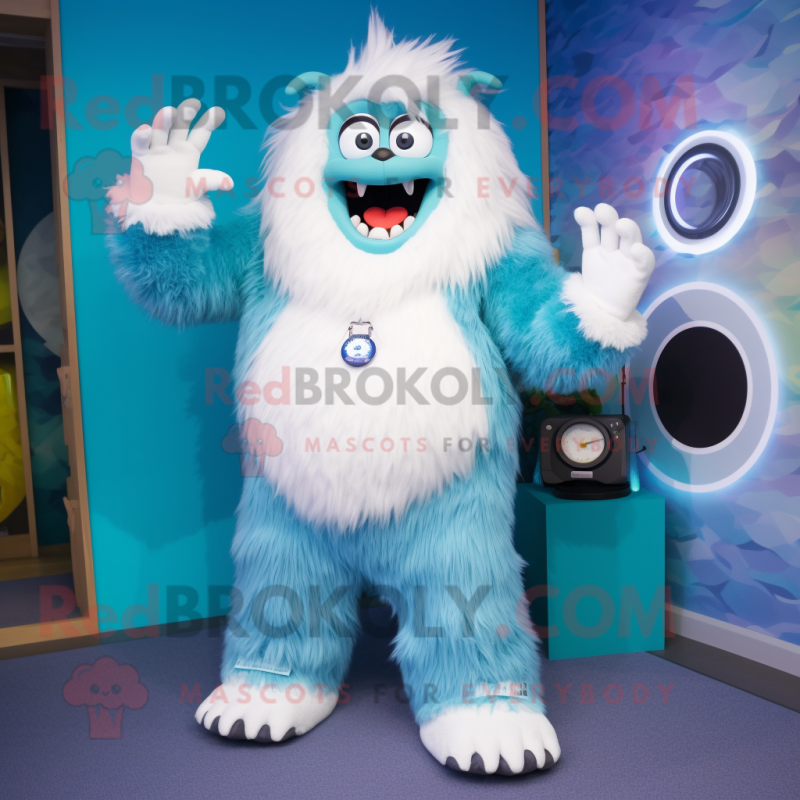 Teal Yeti mascot costume character dressed with a Dungarees and Rings