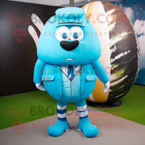 Cyan Rugby Ball mascot costume character dressed with a Suit Pants and Wraps