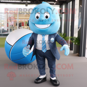 Cyan Rugby Ball mascot costume character dressed with a Suit Pants and Wraps